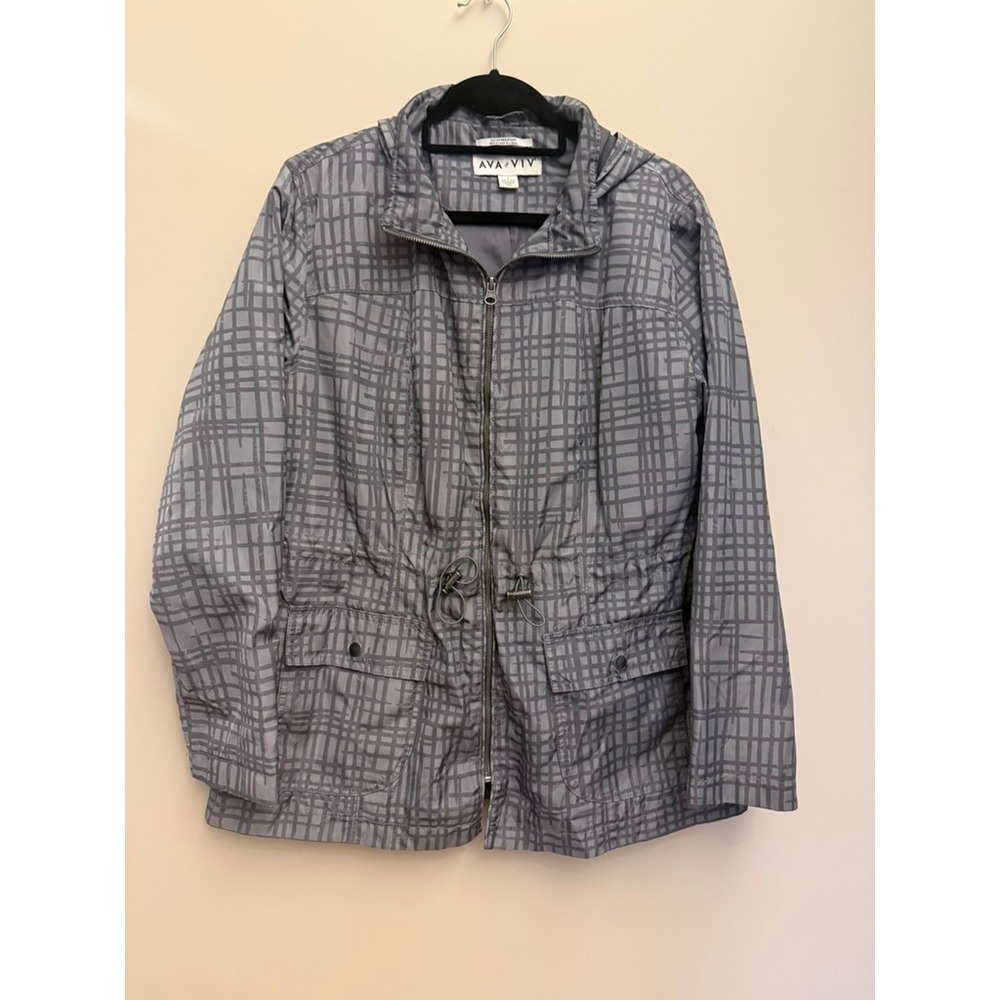 Ava & Viv Womens Plus Size X Gray Grid Water Resistant Hooded Anorak Jacket